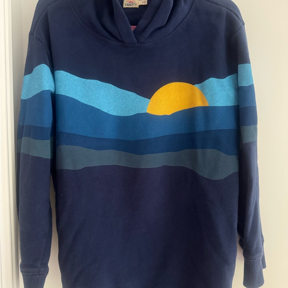 Faherty Navy Blue Heritage Slub Hoodie with Ocean Wave Design